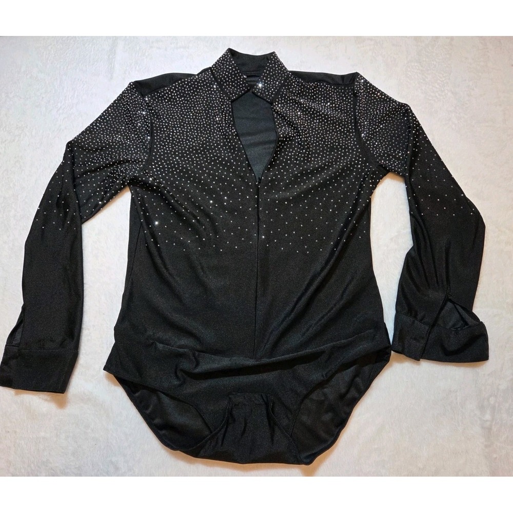 350 Black Rhinestone Sheer Mesh Long Sleeve Bodysuit Women's Size L Sparkle